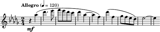 
{
  \new PianoStaff <<
    \new Staff \relative c''' {
      \tempo "Allegro" 4 = 120
      \clef treble \key bes \minor \time 2/4
      r4 \mf as(
      des4. es8
      f[ es des c]
      des4 as~
      as f)
      des'( f,
      ges8[ f es des])
      es2~
      es4
    }
  >>
}
