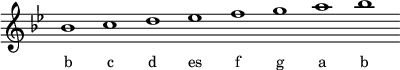 
\relative f'{
\override Staff.TimeSignature #'stencil = ##f
\key bes \major
\cadenzaOn bes1 c d es f g a bes \cadenzaOff
}
\addlyrics { \small {
b c d es f g a b
} }
