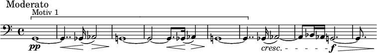 
\relative c {
\set Staff.midiInstrument = #"string ensemble 1"
\set Score.tempoHideNote = ##t \tempo 4 = 50
\set Score.barNumberVisibility = #all-bar-numbers-visible
\time 4/4
\set Score.currentBarNumber = #1
% Permit first bar number to be printed
\bar ""
\clef bass
\override TupletBracket #'stencil = ##f
\mark "Moderato"
\key c\major 
\[g1~\pp^"Motiv 1"|
g4..\< ges16(\! as2)\>\!|
g!1~\!|
g2~ g8.\<  ges16(\! as4)\>|
g!1~\!|
g4..\] ges16(\cresc as2)~|
as8 bes16( as <<g!2.~\f{s4\> s4 s4 }>>|
<<g8.{s8 s8 s8\!}>>
}
