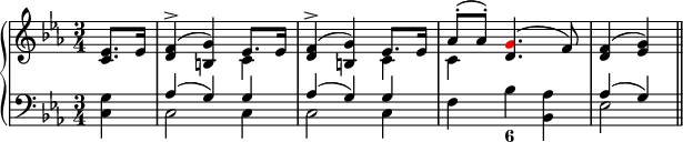 
\version "2.14.2"
\header {
  tagline = ##f
        }
upper = \relative c' {
  \key c \minor
  \time 3/4
  \tempo 8 = 88
       <<
         {
           \voiceOne
           \partial 4 <c es>8. es16 <d f>4->( <b g'>) es8. es16 <d f>4->( <b g'>) es8. es16 as8^.( as^.) <d, \tweak color #red g>4.( f8) <d f>4( <es g>) \bar "||"
         }
         \new Voice {
           \voiceTwo
           s2. c4 s2 c4 c
         }
       >>
                }

lower = \relative c {
  \clef bass
  \key c \minor
       <<
         {
           \voiceOne
           s4 as'( g) g as( g) g s2. as4( g) \bar "||"
         }
         \new Voice {
           \voiceTwo
           <c, g'>4 c2 c4 c2 c4 f bes <bes, as'> es2
         }
       >>
         }

\score {
  \new PianoStaff <<
    \new Staff = "upper" \upper
    \new Staff = "lower" \lower
    \figures { <_>1 <_>1 <6>
  }
  >>
  \layout {
    \context {
      \Score
      \remove "Metronome_mark_engraver"
    }
  }
  \midi { }
}
