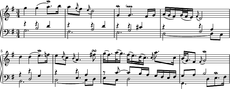 
\new PianoStaff <<
 \new Staff \relative c''' {
  \key g \major \time 3/4
  g4 g( a8.)\mordent b16 |
  a8 \appoggiatura g16 fis8 \appoggiatura e16 d2 |
  g,4\mordent g4.\downprall fis16 g |
  a32( g fis16) g32( fis e16) \appoggiatura fis8 d2 |
  d'4 d( e8.)\mordent f16 |
  e8 \appoggiatura d16 c8 \appoggiatura b16 a4. fis'!8\turn |
  g32( fis16.) a32( g16.) fis32( e16.) d32( c16.) \appoggiatura c a'8. c,16 |
  b32( g16.) fis8 \appoggiatura fis g2\mordent |
 }
 \new Staff <<
  \new Voice \relative c' {
   \voiceOne \clef bass \key g \major
   s4 f\rest d |
   s4 e\rest d |
   s4 d\rest cis |
   s4 d\rest a |
   s4 d\rest g, |
   s4 d'\rest a |
   r8 c~ c b16 a g fis e fis |
   g8 a b2 |
  }
  \new Voice \relative c' {
   \voiceThree
   r4 b2 |
   r4 a2 |
   r4 g2 |
   r4 fis2 |
   r4 d2 |
   r4 e4. s8 |
  }
  \new Voice \relative c' {
   \voiceTwo
   g2. |
   fis2. |
   e2. |
   d2~ d8 c |
   b2. |
   c2~ c8 d |
   e8 c d2 |
   g,4. d'8[ e8.^\mordent fis16] |
  }
 >>
>>
