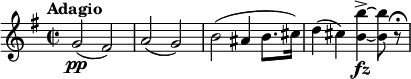 
\relative c'' {
  \tempo "Adagio"
  \key e \minor
  \time 2/2
  g2\pp (fis) | a (g) | b (ais4 b8. cis16) | d4 (cis) <b b'>->~\fz <b b'>8 r\fermata
}
