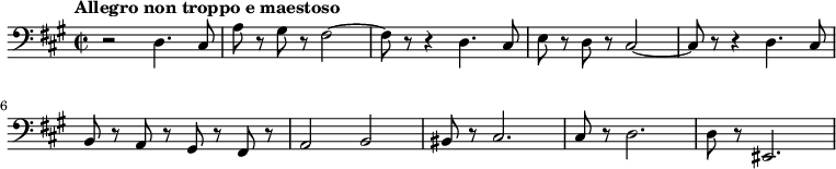 
 \relative c {
   \new Staff {
   \key fis \minor \time 2/2 \clef bass \tempo "Allegro non troppo e maestoso" 
    << 
     {
       r2 d4. cis8 a' r gis r fis2 ~ fis8 r r4 d4. cis8 e r d r cis2 ~
       cis8 r r4 d4. cis8 b r a r gis r fis r a2 b2 bis8 r cis2. cis8 r d2. d8 r eis,2.
     }
    >>
   }

 }
