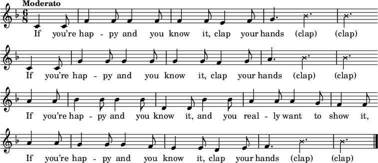 \transpose c, f {
\key c \major \time 6/8 \tempo "Moderato" \tempo 4. = 110
\set Staff.midiInstrument = #"piano" \partial 4. g,4 g,8 | c4 c8 c4 c8 | c4 c8 b,4 c8 | d4.
\set Staff.midiInstrument = #"woodblock" \xNotesOn f4. | f4. \xNotesOff \bar "" \break
\set Staff.midiInstrument = #"piano" g,4 g,8 | d4 d8 d4 d8 | d4 d8 c4 d8 | e4. 
\set Staff.midiInstrument = #"woodblock" \xNotesOn f4. | f4. \xNotesOff \bar "" \break
\set Staff.midiInstrument = #"piano"  e4 e8 | f4 f8 f4 f8 | a,4 a,8
f4 f8 | e4 e8 e4 d8 | c4 c8 \bar "" \break
e4 e8 | d4 d8 d4 c8 | b,4 b,8 a,4 b,8 | c4.
\set Staff.midiInstrument = #"woodblock" \xNotesOn f4. | f4. \xNotesOff \bar "|." }
\addlyrics {
If you’re hap -- py and you know it, clap your hands (clap) (clap)
If you’re hap -- py and you know it, clap your hands (clap) (clap)
If you’re hap -- py and you know it, and you real -- ly want to show it,
If you’re hap -- py and you know it, clap your hands (clap) (clap)
}
