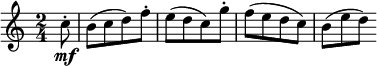  \relative c'' {
\key c \major \time 2/4
\partial8 c8-. \mf | b8([ c d) f-.] | e8([ d c) g'-.]
f8([ e d c)] | b8([ e d)]
} 