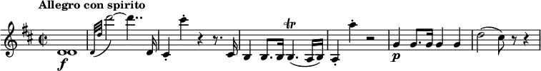 
\relative c' {
  \override Score.NonMusicalPaperColumn #'line-break-permission = ##f
  \version "2.18.2"
  \tempo "Allegro con spirito"
  \key d \major
  \time 2/2
  \tempo 4 = 120
  <<
    { d1\f | } \\
    { d1 | }
  >>
  \appoggiatura { d32[ d'] } d'2~ d4.. d,,16 |
  cis4-. cis''-. r r8. cis,,16 |
  b4 b8. b16 b4.\trill( a16 b) |
  a4-. a''-. r2 |
  g,4\p g8. g16 g4 g |
  d'2( cis8) r r4
}
