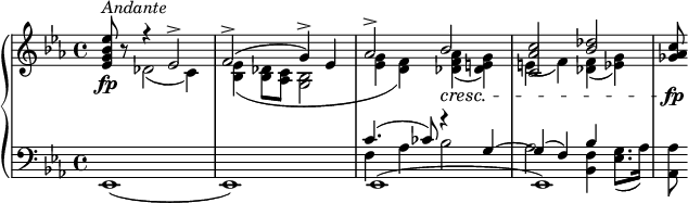 {
  \set Score.tempoHideNote = ##t
  \new PianoStaff <<
    \new Staff { \clef violin \key es \major \time 4/4 \tempo 4 = 100
      <es' g' bes' es''>8^\markup{\italic{Andante}}\fp r
      << { \voiceOne
        r4 es'2->
        f'2->( g'4->) es'
        as'2-> bes'\cresc
        <c' as' c''>2 <bes' des''>
      }
      \new Voice { \voiceTwo
        des'2( c'4)
        <bes es'>4( <bes des'>8 <as c'> <g bes>2
        <es' g'>4( <d' f'>) <des' f' as'>( <des' e' g'>)
        e'4( f') <des' f'>( <es' g'>)
      } >> \oneVoice
      <ges' as' c''>8\fp
    }
    \new Staff { \clef bass \key es \major \time 4/4
      es,1(
      es,1)
      << { \voiceOne
        c'4.( ces'8) r4 g4~
        g4( f) bes4
      }
      \new Voice { \voiceTwo
        f4 as bes2
        as2 <bes, f>4 <es g>8.( as16)
      }
      \new Voice { \voiceThree
        es,1(
        es,1)
      } >> \oneVoice
      <as, as>8
    }
  >>
}