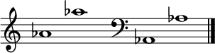 
\new Staff \with
{
  \omit TimeSignature
  fontSize = #2
  \override StaffSymbol.staff-space = #1.25
  \override StaffSymbol.thickness = #1.25
  \override Clef.full-size-change = ##t
  \override BarLine.hair-thickness = #2.4
  \override BarLine.thick-thickness = #7.5
  \override BarLine.kern = #3.75
  \override BarLine.transparent = ##t
}
{
  \time 18/8
  \clef treble
  s8
  as'1 as''
  s8
  \grace s8
  \clef bass
  \bar "|"
  s8
  as,1 as
  \override Staff.BarLine.transparent = ##f
  \bar "|."
}
