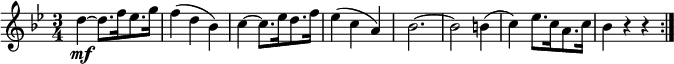  { \relative d'' { \key bes \major \time 3/4
d4~ \mf d8.[ f16 es8. g16)] | f4( d bes) | c4~ c8.[ es16 d8. f16)] | es4( c a) |
bes2.~ | bes2 b4( | c4 ) es8.[ c16 a8. c16] | bes4 r r \bar ":|." }} 