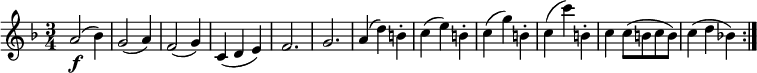  { \relative a' { \key f \major \time 3/4
a2( \f  bes4) | g2( a4) | f2( g4) | c,4( d e) | f2. | g2. | a4-( d-) b-. | c4( e) b-. |
c4( g') b,-. | c4( c') b,-. | c4 c8( b c b) | c4( d bes!) \bar ":|." }} 