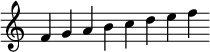 \relative e' { \override Score.TimeSignature #'stencil = ##f \cadenzaOn f g a b c d e f }