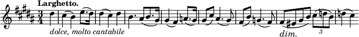 
\relative c' {
  \key b \major \time 3/4 \tempo "Larghetto." \partial 4
  \override Score.SpacingSpanner #'common-shortest-duration = #(ly:make-moment 1 4)
  \set Staff.midiInstrument = "violin"
  \set Score.tempoHideNote = ##t \tempo 4 = 50
 dis'4_\markup{ \italic {dolce, molto cantabile } } cis( b) e8.( dis16) dis4( cis) dis b4. ais8[( b8. gis16)] gis4( fis)
 a8.( gis16) gis8( cis) ais4.( gis8) fis( b) g4.( fis8) fis\dim ( eis\! gis b) \times 2/3 { cis8( d b) } d4( cis)
}
