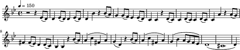 
{
   \relative c' {
      \key g \minor
      \time 4/4
      \tempo 4 = 150
      \set Staff.midiInstrument = "tremolo strings"
      \transposition c'
        r2 r4 es8( d) d4 es8( d) d4 es8( d) d4 bes' r
        bes8( a) g4 g8( f) es4 es8( d) c4 c r
        d8( c) c4 d8( c) c4 d8( c) c4 a' r a8( g) fis4 fis8( es) d4 d8( c) bes4 bes r
        bes'8( a) a4( c fis, a) g( d) r bes'8( a) a4( c fis, a) g( bes a8 g f es) d1( cis1 d4)
      }
}
