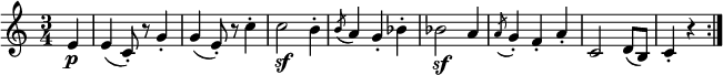  \relative e' {
\key c \major \time 3/4
\partial 4 e4 \p | e4( c8-.) r g'4-. | g4( e8-.) r c'4-.
c2 \sf b4-. | \acciaccatura b8 a4 g-. bes-. | bes2 \sf a4
\acciaccatura a8 g4-. f-. a-. | c,2 d8( b) | c4-. r \bar ":|."
} 