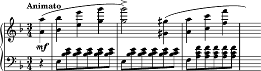 \relative c'' {\new PianoStaff<<\new Staff{\key f \major\time 3/4\partial 4\tempo "Animato"<<a\mf a'(>> <<bes, bes'>> <<e, e'>> <<g, g'>> <<g,2-> g')>> <<gis,,4 gis'(>> <<a, a'>> <<c, c'>> <<f, f'>> \hideNotes f)}\new Staff{\clef "bass"\key f \major r4 e,,,8 <<bes' c e>> <<bes c e>> <<bes c e>> <<bes c e>> <<bes c e>> e, <<bes' c e>> <<bes c e>> <<bes c e>> <<bes c e>> <<bes c e>> f, <<a c f>> <<a, c f>> <<a, c f>> <<a, c f>> <<a, c f>> \hideNotes f}>>}