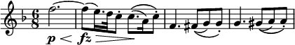  \relative f'' {
\key f \major \time 6/8
f2.~ \p \<
f8)( \fz \> e16.) d32 c8-. c8.\(( \! a16) c8-.\)
f,4. fis8\(( g) g-.\)
g4. gis8\(( a) a-.\)
} 