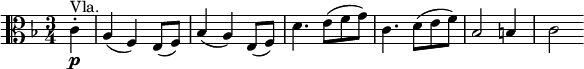  \relative c' {
\key f \major \time 3/4 \clef "alto"
\partial 4 c4-. \p ^"Vla." | a4( f) e8( f) | bes4( a) e8( f)
d'4. e8( f g) | c,4. d8( e f) | bes,2 b4 | c2
} 