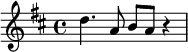  { \set Staff.midiInstrument = #"trumpet" \set Score.tempoHideNote = ##t \tempo 4 = 120 \key d \major d''4. a'8 b' a' r4 }