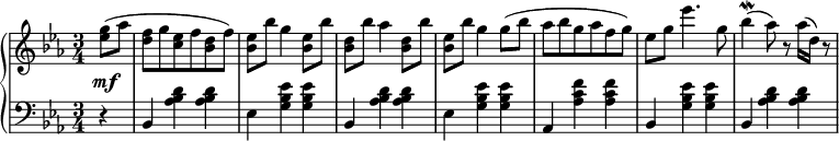 
 \relative c' {
  \new PianoStaff <<
   \new Staff { \key c \minor \time 3/4  \set Score.tempoHideNote = ##t
     \tempo "" 2. = 64
    \tempo \markup {
     \column {
 }
   }
      \partial 4 <ees' g>8( aes <d, f> g <c, ees> f <bes, d> f') <bes, ees> bes' g4 <bes, ees>8 bes' <bes, d> bes' aes4 <bes, d>8 bes' <bes, ees> bes' g4 g8( bes aes bes g aes f g) ees g ees'4. g,8 bes4\mordent( aes8) r aes16( d,) r8
   }
   \new Dynamics {
    s\mf
      }
   \new Staff { \key c \minor \time 3/4 \clef bass
      r4 bes,, <aes' bes d> <aes bes d> ees <g bes ees> <g bes ees> bes, <aes' bes d> <aes bes d> ees <g bes ees> <g bes ees> aes, <aes' c f> <aes c f> bes, <g' bes ees> <g bes ees> bes, <aes' bes d> <aes bes d>
   }
  >>
 }
