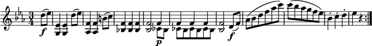 { \relative d'' { \key es \major \time 3/4
\partial 4 d8( \f es) | <es, g,>4 <es g,> d'8( es) | <f, as,>4 <f as,> b8( c) | <f, bes,!>4 <f bes,> <f bes,> |
<f bes,>2 << { \voiceOne f4 | f4 f f } \new Voice { \voiceTwo ces8 \p bes | ces8 bes ces bes ces bes} >> |
\oneVoice <f' bes,>2  d8( \f f) | as8( bes d f as c) | c8( bes as g f es) | bes4-. c-. d-. | es4 r \bar ":|." }}
\layout { \context {\Score \override SpacingSpanner.common-shortest-duration = #(ly:make-moment 1/4) }} 