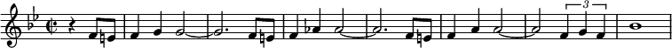 {\key bes \major
 \time 2/2
 \partial 2 r4 f'8 e' f'4 g' g'2~ g'2. f'8 e'8 f'4 as' as'2~ as'2. f'8 e'8 f'4 a' a'2~a'2 \times 2/3 {f'4 g' f'} bes'1}