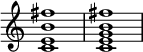 
{
    \override Score.TimeSignature #'stencil = ##f
        \time 4/4

        <c' e' b' fis''>1
        <c' e' g' b' fis''>1
}
