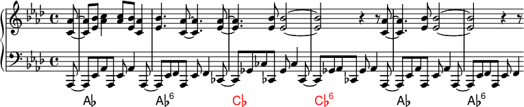 
\language english
\new PianoStaff <<
  \new Staff \fixed c' {
    \omit Score.MetronomeMark \tempo 4=140
    \key af \major
    \partial 8 <c af>8~ |
    8 <ef bf> <af c'>4 8 <ef bf> <c af>4 | <ef bf>4. <c af>8~ 4. <ef af>8~ |
    4. <ef bf>8 2~ | 2 r4 r8 <c af>~ | 4. <ef bf>8 2~ | 2 r4 r8
  }
  \new Staff \fixed c, {
    \clef bass
    \key af \major
    af,8~ | 8 ef af af, ef af4 af,8~ | 8 ef f af, ef f4 cf8~ |
    8 gf cf' cf gf cf'4 cf8~ | 8 gf af cf gf af4 af,8~ |
    8 ef af af, ef af4 af,8~ | 8 ef f af, ef f4
  }
  \new ChordNames \chordmode {
    \set midiMaximumVolume = 0
    s8 | af1 | af:6 |
    \override ChordName.color = red
    cf | cf:6 |
    \override ChordName.color = ##f
    af | af2..:6
  }
>>
