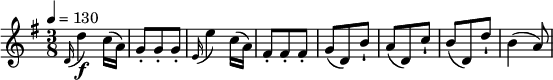 
\relative c' { \set Staff.midiInstrument = #"violin"
\key g \major
\time 3/8
\tempo 4 = 130
\appoggiatura d16 d'4\f c16 (a) g8-. g-. g-. \appoggiatura e16 e'4 c16 (a) fis8-. fis-. fis-. g (d) b'-! a (d,) c'-! b (d,) d'-! b4 (a8) }
