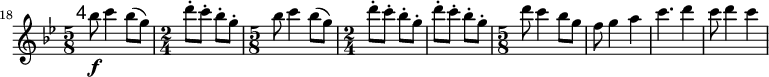 
\relative c''' \new Staff {
  \key bes \major \clef "treble"
  \set Staff.midiInstrument = "flauto"
  \set Score.tempoHideNote = ##t \tempo 4 = 176
  \set Score.currentBarNumber = #18 \bar ""
  \mark \markup \sans 4

  \time 5/8 bes8\f c4 bes8( g) | \time 2/4 d'-. c-. bes-. g-. |
  \time 5/8 bes c4 bes8( g) | \time 2/4 d'-. c-. bes-. g-. | d'-. c-. bes-. g-. |
  \time 5/8 d' c4 bes8 g | f8 g4 a | c4. d4 | c8 d4 c |
}
