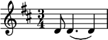 \relative c' { \time 3/4 \key d \major \tempo 4 = 90 \set Score.tempoHideNote = ##t d8 d4.( d4) } 