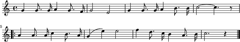 
  \new Voice \relative c'' {
    \autoBeamOff
    \language "deutsch"
    \tempo 4 = 120 \set Score.tempoHideNote = ##t
\new Voice \relative c'' { \set Staff.midiInstrument = #"trumpet"
  \autoBeamOff
  \language "deutsch"
  \tempo 4 = 120 \set Score.tempoHideNote = ##t
  \key c \major
  g4 g8. g16 a4 g8. f16 g2 e
  g4 g8. g16 a4 h8. h16 c2~ c4. r8
  \repeat volta 2 {
    a4 a8. a16 c4 h8. a16 g4 ( e' ) e2
    f4 d8. c16 h4 a8. h16 c2. r4
  }
  \bar "|."
}
  }
