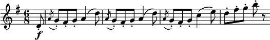  \relative d' {
\key g \major \time 6/8
\partial 8 d8-. \f | \acciaccatura a'8 g-. fis-. g-. a4( d8)
\acciaccatura a8 g-. fis-. g-. a4( d8)
\acciaccatura a8 g-. fis-. g-. c4( e8)
d8-. fis-. g-. b-. r
} 