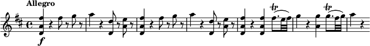 
\relative c'' {
  \tempo "Allegro"
  \version "2.18.2"
  \key d \major
  <fis a, d,>4\f r fis8 r g r |
  a4 r <d, d,>8 r <e a,> r |
  <fis a, d,>4 r fis8 r g r |
  a4 r <d, d,>8 r <e a,> r |
  <fis a, d,>4 r <fis a, d,> fis8.(\trill e32 fis) |
  g4 r <a, g'>4 g'8.(\trill fis32 g) |
  a4 r
}
