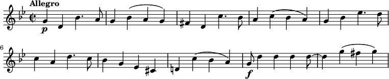 
\relative c'' {
     \key bes \major
     \tempo "Allegro"
     \time 2/2
     \tempo 4 = 140
    g4 \p d bes'4. a8
    g4 bes (a g)
    fis d c'4. bes8
    a4 c (bes a)
    g bes ees4. d8
    c4 a d4. c8
    bes4 g ees cis
    d! c' (bes a)
    g8\f d'4 d d d8~ d4 g (fis g)
  }
