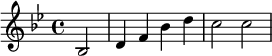 \relative bes {\key bes \major \time 4/4 \partial 2 bes2 | d4 f4 bes4 d4| c2 c2 }