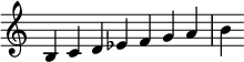 
{
\override Score.TimeSignature #'stencil = ##f
\relative c' {
  \clef treble
  \time 7/4 b4 c d es f g a b
} }
