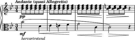 
\relative c'' {
  \new PianoStaff <<
    \new Staff {
      \set Staff.midiInstrument = #"piano" \key bes \major \clef treble \time 3/4 \set Score.tempoHideNote = ##t \tempo "Andante (quasi Allegretto)" 4 = 56
      <bes d f>8 \pp <bes d f>8 <bes d f>8 <bes d f>8 <bes d f>8 <bes d f>8 |
      <bes d f>8 <bes d f>8 <bes d f>8 <bes d f>8 <bes d f>8 <bes d f>8 |
      <bes d f>8 \< <bes d f>8 <bes d f>8 <bes d f>8 <bes d f>8 <bes d f>8 |
      <bes c e>8 \! \> <bes c e>8 <bes c e>8 <bes c e>8 r4 \! |
    }
    \new Staff {
      \set Staff.midiInstrument = #"piano" \key bes \major \clef alto \time 3/4
      bes2 \mf _\markup{ \italic { hervortretend } } ( d,4 \< |
      es4 e4 f4 \! |
      g2 \< c,4 |
      c2 \! \> ) r4 \! |
    }
  >>
}
