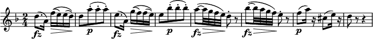  { \relative f'' { \key d \minor \time 2/4
d8.( \fz a16) f'16(\( \> e) e( d)\) | d8[ \! a'-.( \p a-. a-.)] |
e8.( \fz a,16) g'(\( \> f) f( e)\) | e8[ \! bes'-.( \p bes-. bes-.)] |
a8~( \fz a32 \> g f e) \! d8-. r | bes'8~( \fz bes32 \> a g f) \! e8-. r
f8( \p a16) r cis,8( e16) r | d8 r r4 }}
\layout { \context {\Score \override SpacingSpanner.common-shortest-duration = #(ly:make-moment 1/8)
}}