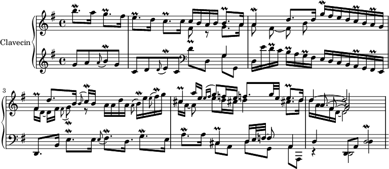 
\version "2.14.2"
\header {
  tagline = ##f
}
upper = \relative c'' {
  \clef treble 
  \key g \major
  \time 4/4
  \tempo 4 = 58
  %\autoBeamOff
  \set Staff.midiInstrument = #"clav"
  \override TupletBracket #'bracket-visibility = ##f

  \partial 2 b'8.\mordent a16 g8.\prall fis16
  e8.\prall d16 c8.\prall c16 << { c16 b a b b8.\prall a16 } \\ { fis8\prall r8 g8. a16 } >>
  << { a4\mordent d8. d16 g\mordent[ fis e d c\prall b a\prall g] } \\ { \autoBeamOff a8 fis~ fis b } >>
  << { s8 d8.[ b16] \grace { b8( } c16\mordent)[ b]  } \\ { fis16[ d~] d[ fis]  \grace { fis8( } g\mordent) r8 a16 a d a \grace { a8^( } b16^\mordent) e  \grace { e8^( } fis16^\mordent) g } \\ { fis,4\prall } >>
  << { s8 a'16 e \grace { e16([ fis] } g8) f!16 e f!8. g32 e e8.\prall d16 } \\ { cis16[ a~] a8 e'8 d16 cis! d4 cis!8. d16 } \\ { cis4\prall } >>
  << { d4~ d2 } \\ { d16 a fis d~ d2 s4 } \\ { s8 fis8~ fis2 } \\ { s16 \stemUp a8.^~ a2 } >> 

}

lower = \relative c {
  \clef bass
  \key g \major
  \time 4/4
  \set Staff.midiInstrument = #"clav"
    % **************************************

   
   \clef treble g''8 a \grace { a8( } b\mordent) g
   c,8 d \grace { d8( } e\mordent) c \clef bass d8 d, << { g4 } \\ { g8 g, } >>
   d'16 e' d\prall c b\prall a g\prall fis e[ d c b a\prall g fis\prall e]
   d8. b'16 e8.\mordent e16 \grace { e8( } fis8.\mordent) d16. g8.\mordent e16
   << { s4 cis4\prall d16[ e32 f!~] f8 a,4 } \\ { a'8.^\mordent a16 cis,8[ a] d8[ g,] a[ a,] } >>
   << { d'4 d,8 a' d2\mordent } \\ { r4 s4 d4 } \\ { s4 \stemDown d,2 }  >>

} 

\score {
  \new PianoStaff <<
    \set PianoStaff.instrumentName = #"Clavecin"
    \new Staff = "upper" \upper
    \new Staff = "lower" \lower
  >>
  \layout {
    \context {
      \Score
      \remove "Metronome_mark_engraver"
    }
  }
  \midi { }
}
