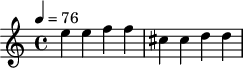 
Q:1/4=76
M:4/4
L:1/4
eeff|^ccdd|

