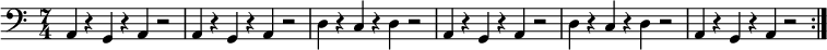 \relative a, {\time 7/4 \clef bass \repeat volta 2 {a4 r g r a r2 | a4 r g r a r2 | d4 r c r d r2 | a4 r g r a r2 | d4 r c r d r2 | a4 r g r a r2 } }