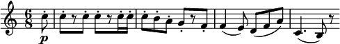 
\relative c'' {
\key c \major \time 6/8
\partial 8 c8-. \p | c8-.[ r c-.] c-.[ r c16-. c-.] | c8-. b-. a-. g-.[ r f-.]
f4( e8) d( f a) | c,4.( b8) r
} 