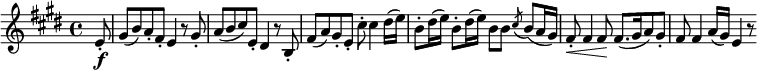  { \relative e' { \key e \major \time 4/4
\partial 8  e8-. \f | gis8( b) a-. fis-. e4 r8 gis-. | a8( b cis) e,-. dis4 r8 b-.|
fis'8( a) gis-. e-. cis'-. cis4 dis16( e) | b8-. dis16( e) b8-. dis16( e) b8 b \acciaccatura cis8 b( a16 gis) |
fis8-. \< fis4 fis8 \! fis8.[( gis16 a8) gis-.] | fis8 fis4 a16( gis) e4 r8 }}
\layout { \context { \Score \override SpacingSpanner.common-shortest-duration = #(ly:make-moment 1/4) }} 