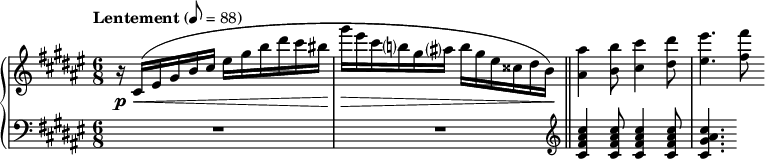 \new PianoStaff <<
    \new Staff {
        \tempo "Lentement" 8 = 88
        \clef treble
        \time 6/8
        \key fis \major
        \relative c'
        {
        \p r16 \< cis (eis gis b cis eis gis b dis cis bis
        gis' \! \> eis cis b? gis ais? b gis eis cisis dis b \!) \bar "||"
        <ais ais'>4 <b b'>8 <cis cis'>4 <dis dis'>8 <eis eis'>4. <fis fis'>8
        }
    }
    \new Staff {
    \clef bass
    \time 6/8
    \key fis \major
      {
    R1 | R2
    \clef treble
    \relative c'
        {
      <cis fis ais cis>4 q8 q4 q8
      <cis gis' ais cis>4.
      }
      }
    }
  >>