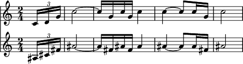 
<<
  \relative c' {
    \key c \major
    \time 2/4
    \partial 8
    \times 2/3 {c16 d g} | c2 ~ | c16 g c g c4 | c ~ c8 c16 g | c2 
  }
  \relative a {
    \key c \major
    \time 2/4
    \partial 8
    \times 2/3 {ais16 cis fis} | ais2 ~ | ais16 fis ais fis ais4 | ais ~ ais8 ais16 fis | ais2 
  }
>>
