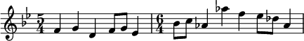 { \key bes \major \time 5/4 f'4 g'4 d'4 f'8 g'8 es'4 \time 6/4 bes'8 c''8 as'4 as''4 f''4 es''8 des''8 as'4 }