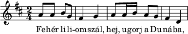 
{
      \key d \major
      \time 2/4
      \relative c' {
       a'8 a b g fis4 g a8 a16 b a8 g fis4 d }
   \addlyrics {
        Fe -- hér li -- li -- om -- szál, hej,  u -- gorj a Du -- ná -- ba,
      }}
