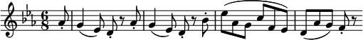  \relative as' {
\key es \major \time 6/8
\partial 8 as8-. | g4( es8) d-. r as'-. | g4( es8) d-. r bes'-.
es8( as, g c f, es) | d8( as' g) f-. r
} 