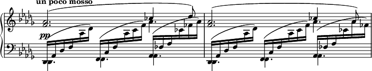 
\language "english"
\midi { \tempo 4.=50 }
\new PianoStaff <<
  \omit Score.TimeSignature
  \new Staff = "top" \fixed c' {
    \key df \major
    \voiceOne
    <f af>2.( \voices "",2 << { cf'4 df'8) } \\ af4. >> |
    <f af>2.( \voices "",2 << { cf'4 af8) } \\ af4. >> |
  }
  \new Dynamics { \time 9/8 \tempo "un poco mosso" s8\pp }
  \new Staff = "bottom" {
    \clef bass
    \key df \major
    <<
      {
        df,16( af, df f \change Staff = "top" \voiceTwo af df') \change Staff = "bottom" \voiceOne
        f,( c f \change Staff = "top" \voiceTwo af c' f') \change Staff = "bottom" \voiceOne
        af,( ff af \change Staff = "top" \voiceTwo cf' ff' af') \change Staff = "bottom" \voiceOne |
        df,16( af, df f \change Staff = "top" \voiceTwo af df') \change Staff = "bottom" \voiceOne
        f,( c f \change Staff = "top" \voiceTwo af c' f') \change Staff = "bottom" \voiceOne
        af,( ff af \change Staff = "top" \voiceTwo cf' af' ff') \change Staff = "bottom" \voiceOne |
      }
      \\
      { df,4. f, af, | df, f, af, | }
    >>
  }
>>
