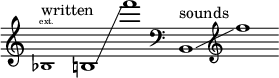 
    {
      \new Staff \with { \remove "Time_signature_engraver" }
      \clef treble \key c \major ^ \markup "written" \cadenzaOn
      \tweak font-size #-2 bes1 \finger \markup \text "ext."
      b1 \glissando f'''1
      \clef bass ^ \markup "sounds" b,1 \glissando \clef treble f''1
    }
  